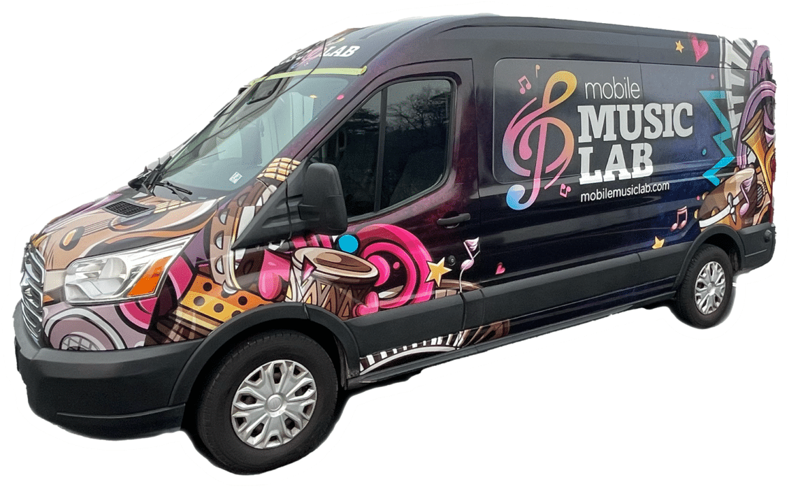 Mobile Music Lab's colorfully wrapped van featuring musical notes and a treble clef design